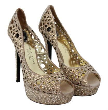 Philipp Plein - Elegant Beige Leather Heeled Pumps with Rhinestones