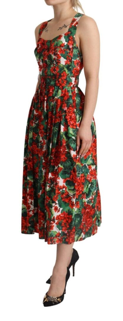 Dolce & Gabbana - Red Geranium Print Cotton Pleated Maxi Dress