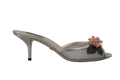 Dolce & Gabbana - Elegant Silver Floral Kitten Heel Sandals