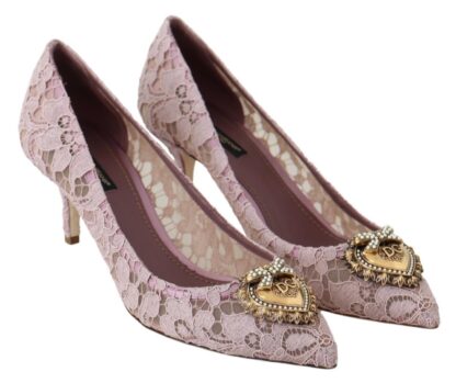 Dolce & Gabbana - Elegant Pink Lace Heels with Heart Embellishment