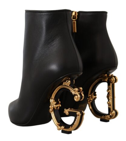 Dolce & Gabbana - Elegant Black Leather Ankle Boots with Logo Heels