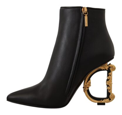 Dolce & Gabbana - Elegant Black Leather Ankle Boots with Logo Heels