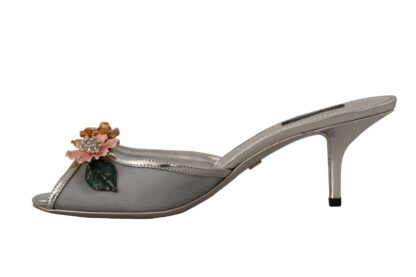 Dolce & Gabbana - Elegant Silver Floral Kitten Heel Sandals