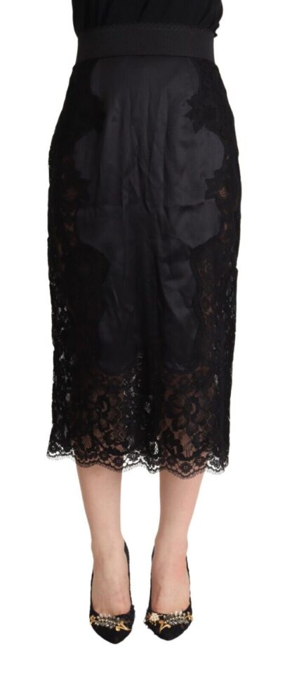 Dolce & Gabbana - Black Floral Lace High Waist Midi Pencil Cut Skirt