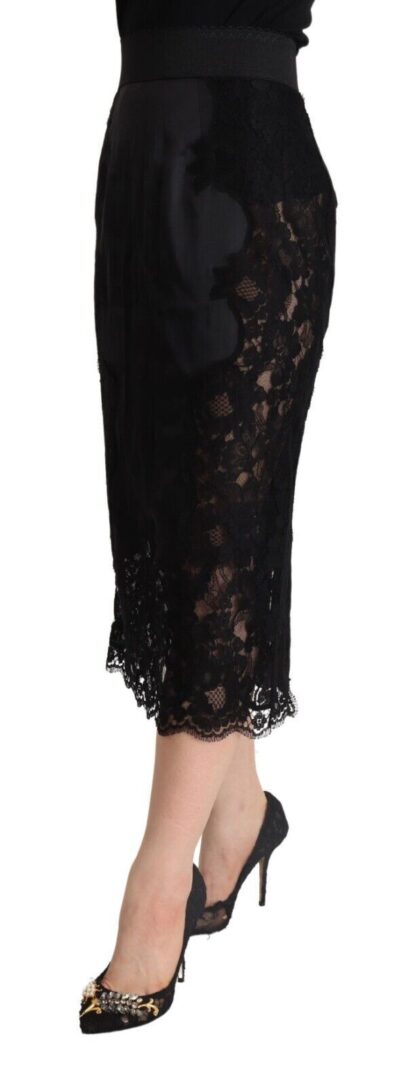 Dolce & Gabbana - Black Floral Lace High Waist Midi Pencil Cut Skirt