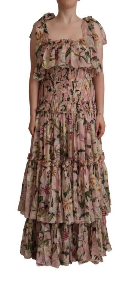 Dolce & Gabbana - Elegant Pink Floral Ruched Silk Long Dress