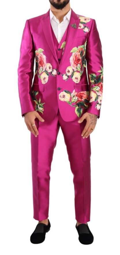 Dolce & Gabbana - Pink MARTINI Floral Silk Slim 3 Piece Set Suit