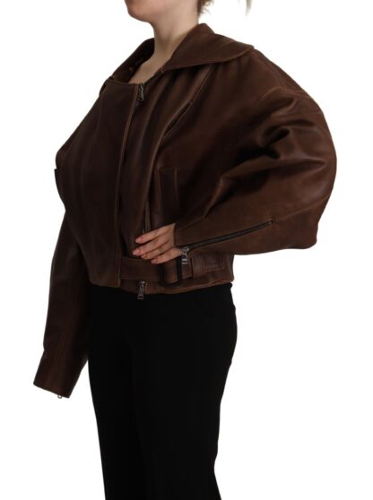 Dolce & Gabbana - Brown Bull Leather Collared Biker Coat Jacket