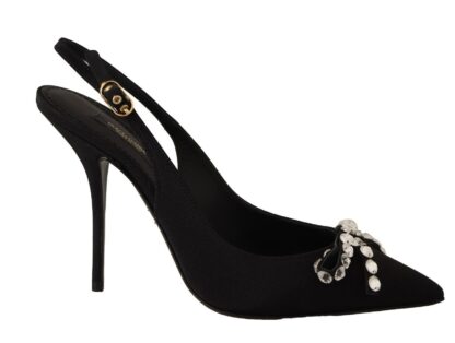 Dolce & Gabbana - Black Viscose Crystals Heels Slingback Shoes