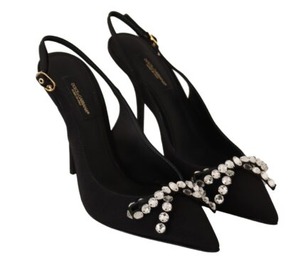 Dolce & Gabbana - Black Viscose Crystals Heels Slingback Shoes