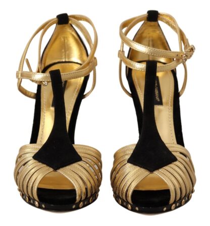 Dolce & Gabbana - Elegant T-Strap Heels Sandals in Gold and Black