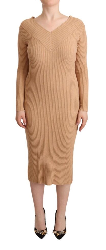 - Elegant Beige Sheath Dress with V-Neck