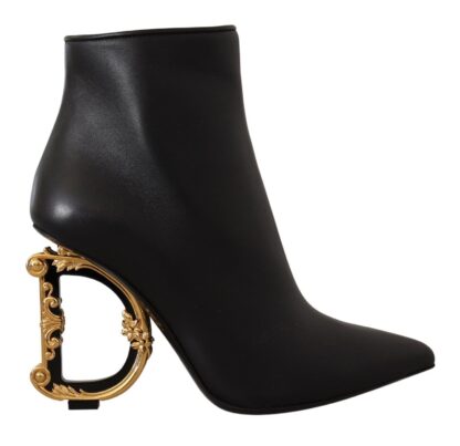 Dolce & Gabbana - Elegant Black Leather Ankle Boots with Logo Heels