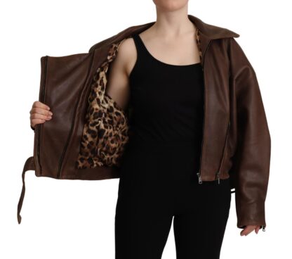 Dolce & Gabbana - Brown Bull Leather Collared Biker Coat Jacket