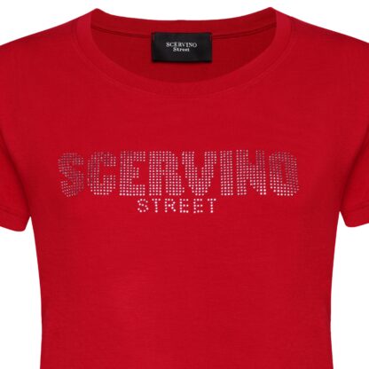 Scervino Street - Red Cotton T-Shirt with Glitzy Logo Detail