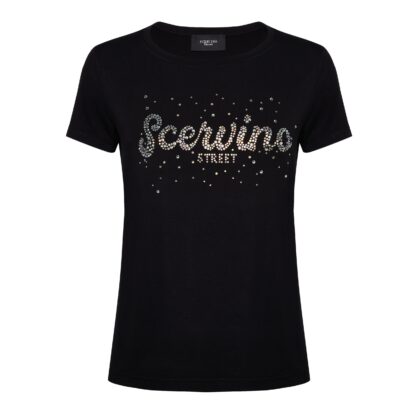 Scervino Street - Elegant Black Cotton Tee with Strass Logo