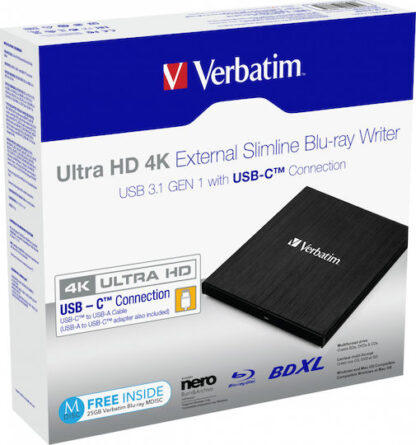Verbatim Εξωτερικός Οδηγός Εγγραφής/Ανάγνωσης Blu-Ray/DVD/CD για Laptop / Desktop Μαύρο Κωδικός: 43888