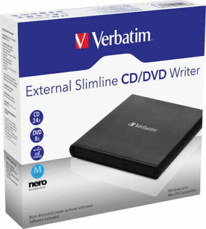 Verbatim External Slimline Εξωτερικός Οδηγός Εγγραφής/Ανάγνωσης DVD/CD για Desktop / Laptop Μαύρο