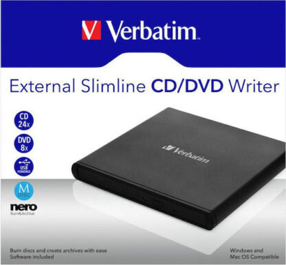 Verbatim External Slimline Εξωτερικός Οδηγός Εγγραφής/Ανάγνωσης DVD/CD για Desktop / Laptop Μαύρο