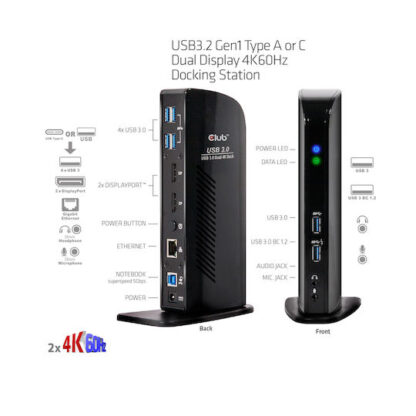 Club3D USB-A / USB-C Docking Station με DisplayPort 4K PD Ethernet και συνδεση 2 Οθονών Μαύρο (CSV-1460)