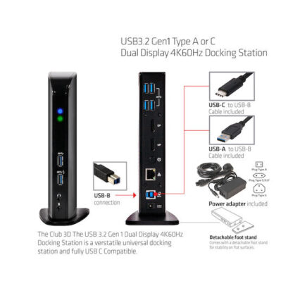 Club3D USB-A / USB-C Docking Station με DisplayPort 4K PD Ethernet και συνδεση 2 Οθονών Μαύρο (CSV-1460)