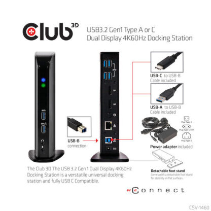 Club3D USB-A / USB-C Docking Station με DisplayPort 4K PD Ethernet και συνδεση 2 Οθονών Μαύρο (CSV-1460)