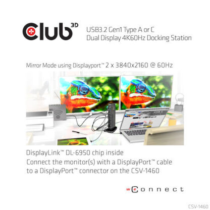 Club3D USB-A / USB-C Docking Station με DisplayPort 4K PD Ethernet και συνδεση 2 Οθονών Μαύρο (CSV-1460)