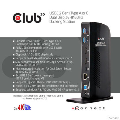 Club3D USB-A / USB-C Docking Station με DisplayPort 4K PD Ethernet και συνδεση 2 Οθονών Μαύρο (CSV-1460)