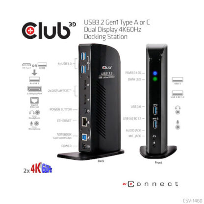 Club3D USB-A / USB-C Docking Station με DisplayPort 4K PD Ethernet και συνδεση 2 Οθονών Μαύρο (CSV-1460)