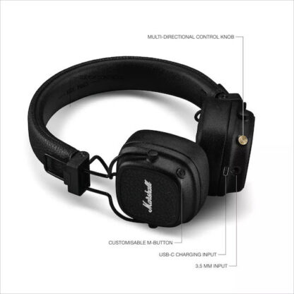 Marshall Major V Ασύρματα / Ενσύρματα On Ear Ακουστικά με 100 ώρες Λειτουργίας και Quick Charge Μαύρα 1006832