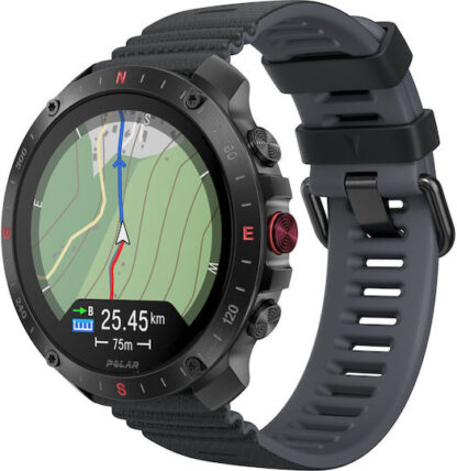 Polar Grit X2 Pro Stainless Steel 49mm Αδιάβροχο Smartwatch με Παλμογράφο (S/L Black Silicone Strap)