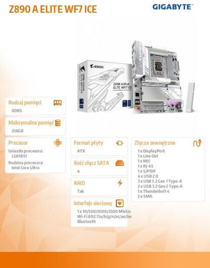 Gigabyte Aorus Elite Wifi 7 ICE Z890 Motherboard ATX με Intel 1851 Socket
