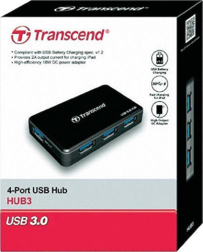 Transcend HUB3 USB 3.0 Hub 4 Θυρών με σύνδεση USB-A και Εξωτερική Παροχή Ρεύματος Κωδικός: TS-HUB3K