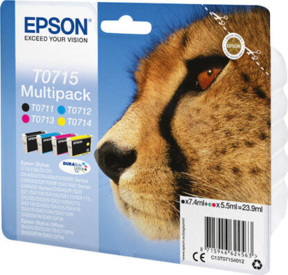 Epson T0715 Γνήσιο Πακέτο 4 Μελανιών Εκτυπωτή InkJet Κίτρινο / Κυανό / Ματζέντα / Μαύρο (C13T07154010 C13T07154020 C13T07154012)
