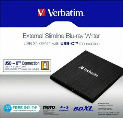 Verbatim Εξωτερικός Οδηγός Εγγραφής/Ανάγνωσης Blu-Ray/DVD/CD για Desktop / Laptop Μαύρο Κωδικός: 43889