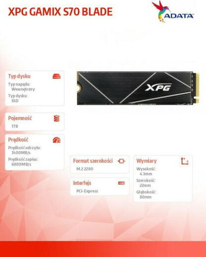 Adata XPG Gammix S70 Blade SSD 1TB M.2 NVMe Κωδικός: AGAMMIXS70B-1T-CS