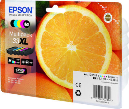 Epson 33XL Γνήσιο Πακέτο 5 Μελανιών Εκτυπωτή InkJet Photo Μαύρο / Κίτρινο / Κυανό / Ματζέντα / Μαύρο (C13T33574010 C13T33574011)
