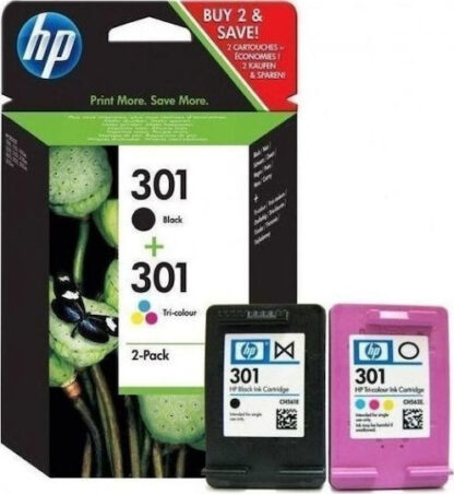 HP 301 Γνήσιο Πακέτο 2 Μελανιών Εκτυπωτή InkJet Πολλαπλό (Color) / Μαύρο (N9J72AE)