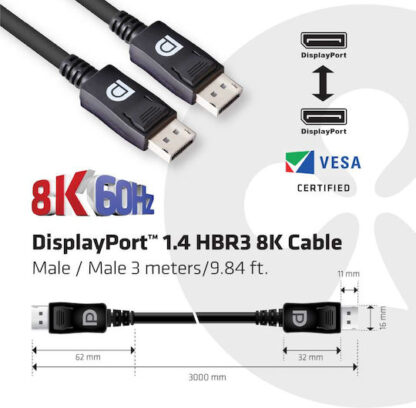 Cavo estensione Display PortTM 1.4 HBR3 8K60Hz HDR 28AWG M/M 3 mt DSC1.2 VESA certified (C