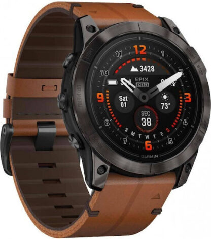 Garmin Epix Pro (Gen 2) Sapphire Edition Titanium 51mm Αδιάβροχο Smartwatch με Παλμογράφο (Carbon Gray DLC Titanium with Chestnut Leather)