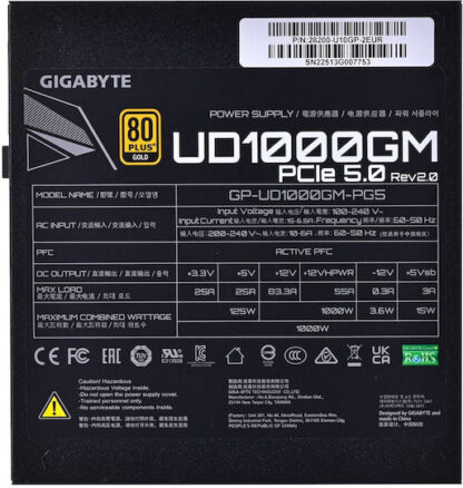 Gigabyte GP-UD1000GM PG5 rev. 2.0 1000W Μαύρο Τροφοδοτικό Υπολογιστή Full Modular 80 Plus Gold