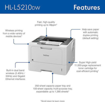 Brother HL-L5210DW Ασπρόμαυρος Εκτυπωτής Laser με WiFi και Mobile Print