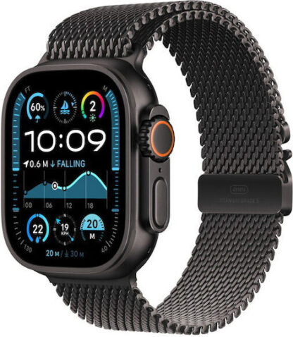 Apple Watch Ultra 2 2024 Titanium 49mm Αδιάβροχο με eSIM και Παλμογράφο (Black με Black Titanium Milanese Loop - Small)