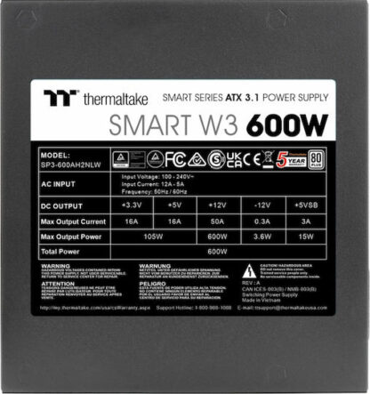Thermaltake Smart W3 600W Μαύρο Τροφοδοτικό Υπολογιστή Full Wired 80 Plus Standard