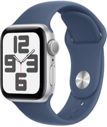 Apple Watch SE 2024 Aluminium 40mm Αδιάβροχο με Παλμογράφο (Silver με Denim Sport Band (S/M))