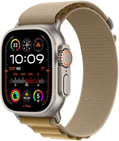Apple Watch Ultra 2 2024 Titanium 49mm Αδιάβροχο με eSIM και Παλμογράφο (Natural με Tan Alpine Loop - Medium)
