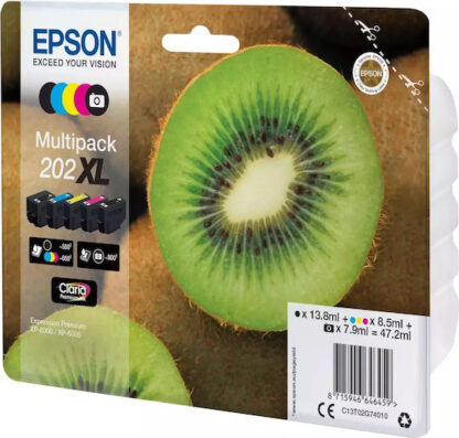 Epson 202XL Γνήσιο Πακέτο 5 Μελανιών Εκτυπωτή InkJet Photo Μαύρο / Κίτρινο / Κυανό / Ματζέντα / Μαύρο (C13T02G74010)