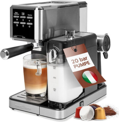 Profi Cook Αυτόματη Μηχανή Espresso 1350W Πίεσης 20bar για Cappuccino Γκρι
