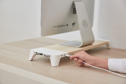 POUT EYES8 - 3-in-1 wooden monitor stand hub with fast wireless charging pad, white