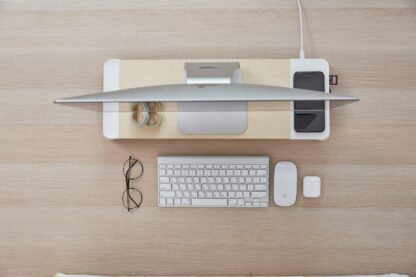 POUT EYES8 - 3-in-1 wooden monitor stand hub with fast wireless charging pad, white